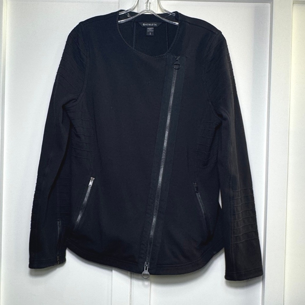 Athleta Womens Black Asymmetric Zip‎ Moto Jacket Ribbed Quilted Detail Size L